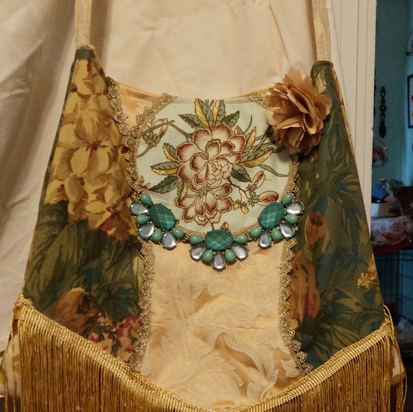 Large Hand Crafted Tapestry Fringe Purse Boho Crossbody Bag Upcycle - Picture 2 of 5